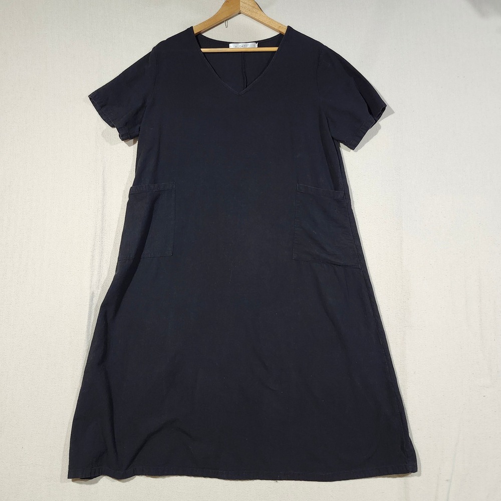 Audate Womens Black V-Neck Short Sleeve Midi A-Line Dress Pockets XXL Lagenlook